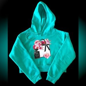 Aqua color Handcrafted Croptop hoodie sweater with fashion flowers stamped logo